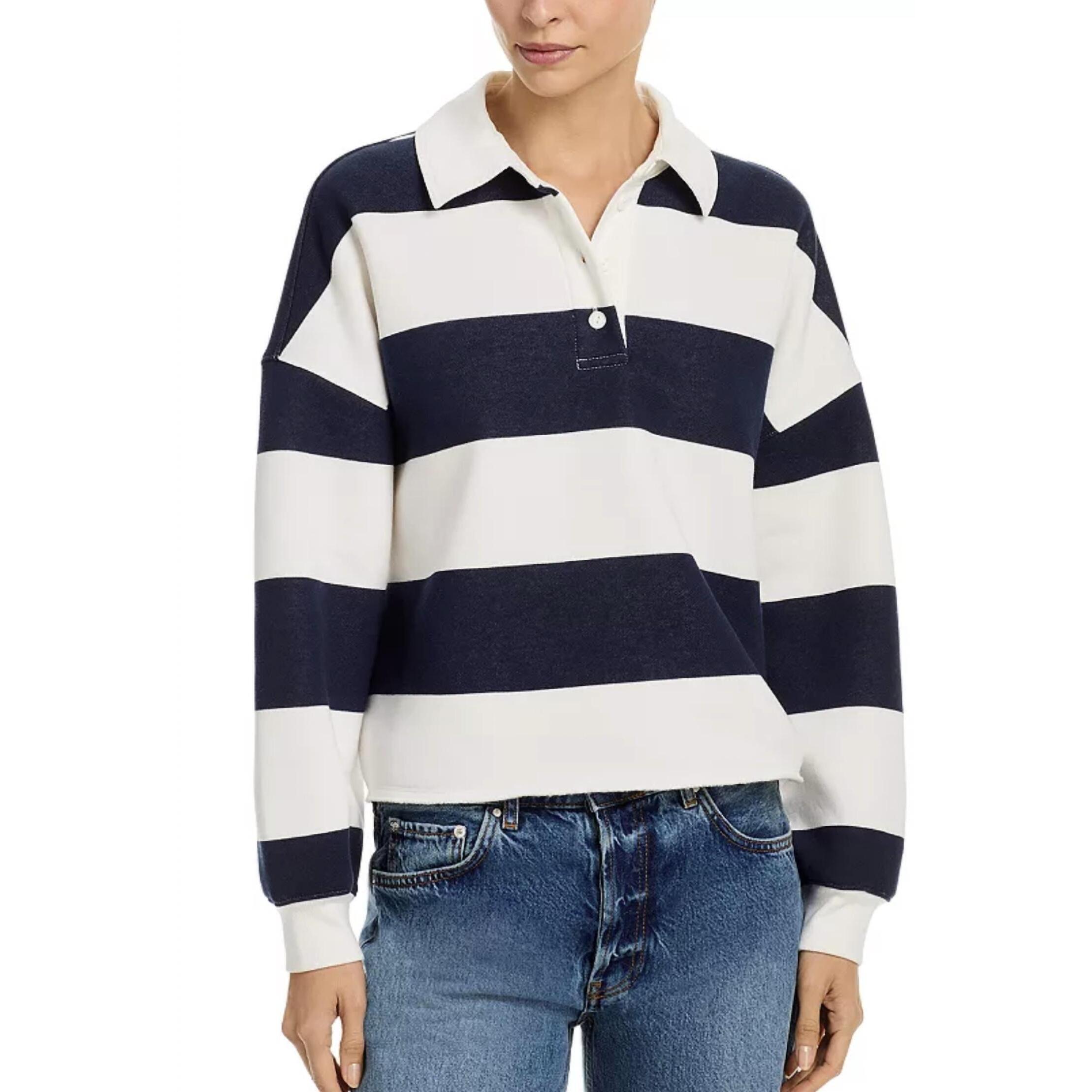 New Aqua Cropped Oversized Polo Sweater In Blue White Rugby Stripe